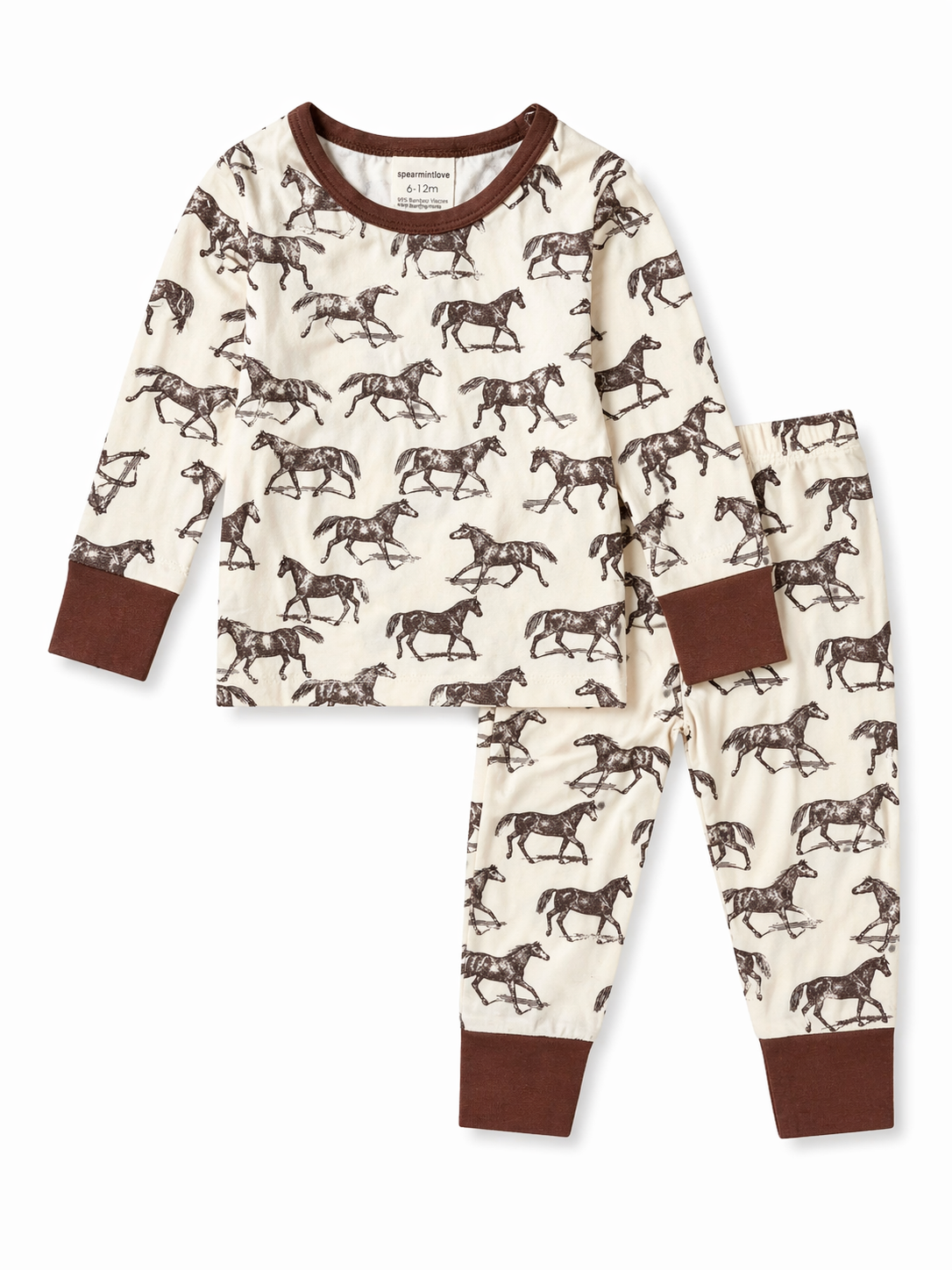 Children's pajamas featuring an all-over horse print in cream and brown colors. Ideal for cozy bedtime.