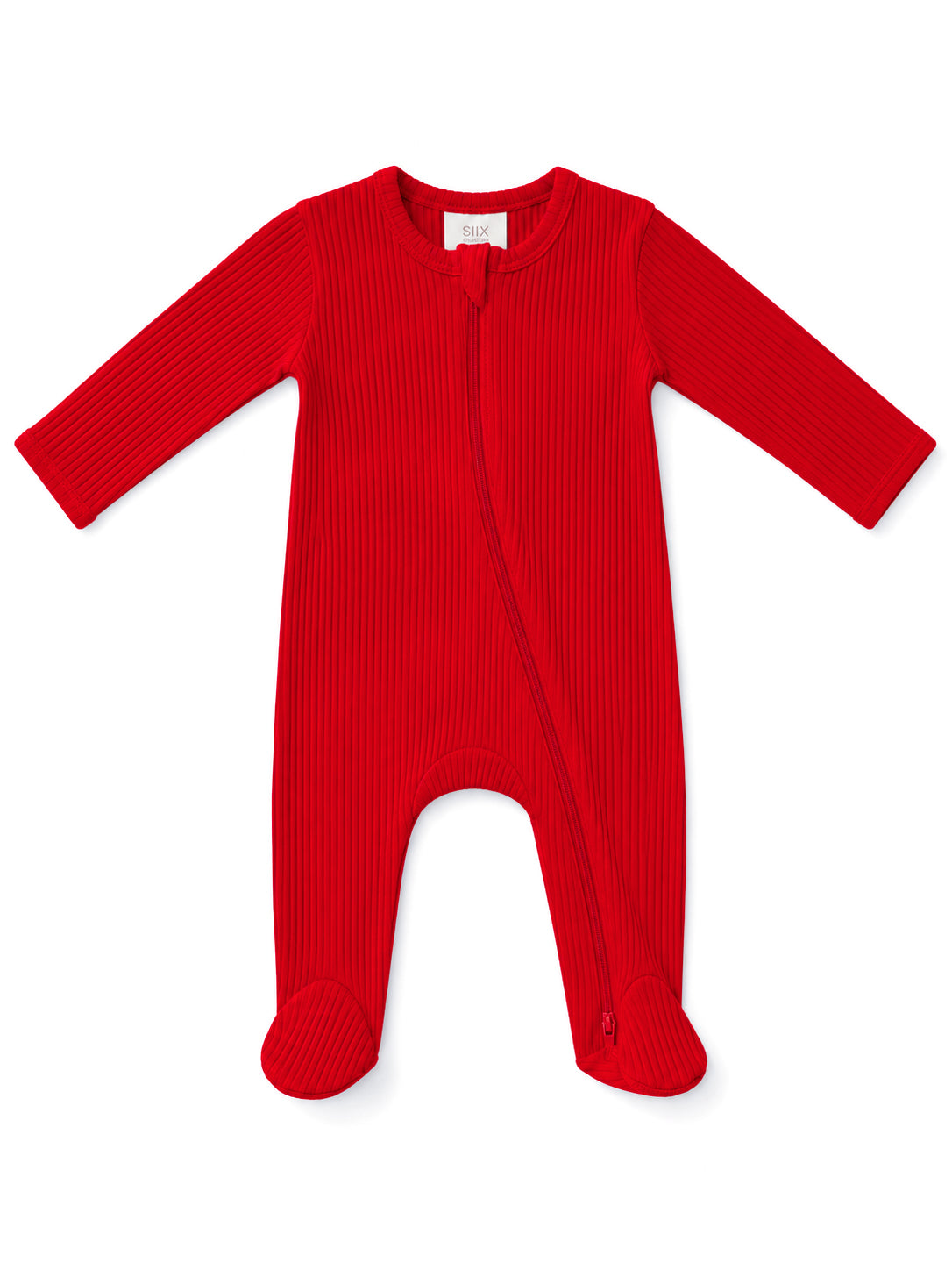 Red ribbed baby onesie with long sleeves, zip closure, and footed design for comfort and warmth.