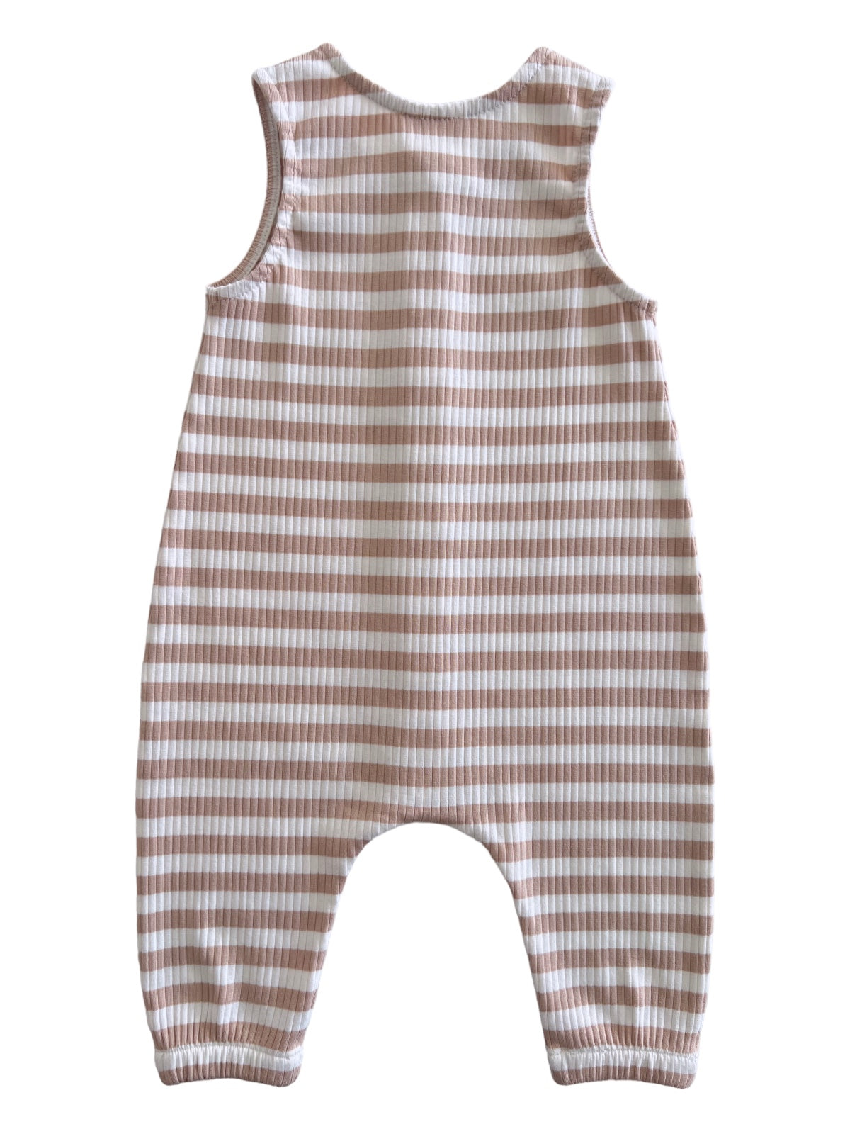 Back view of a striped baby romper in soft beige and white, featuring sleeveless design and elastic cuffs.