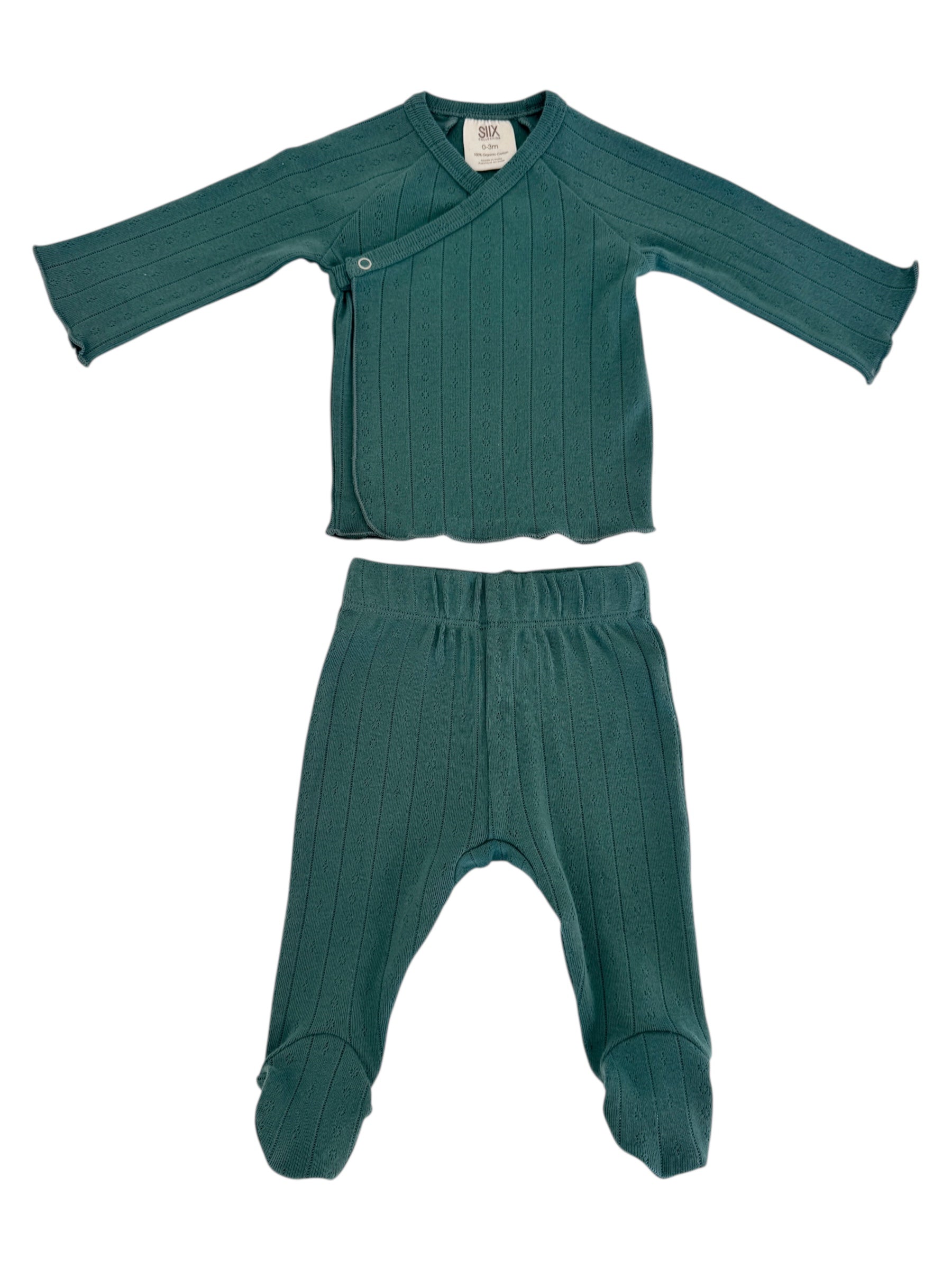 Teal two-piece baby outfit featuring a long-sleeve wrap top and matching pants with footed design.