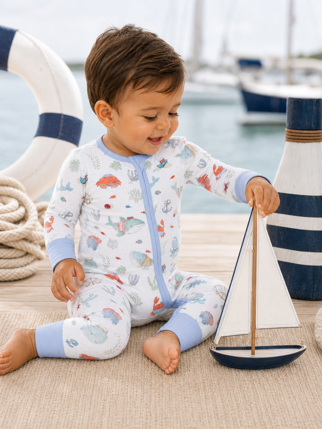 Toddler in colorful sea-themed pajamas playing with a toy sailboat beside a marina. Bright, joyful atmosphere.