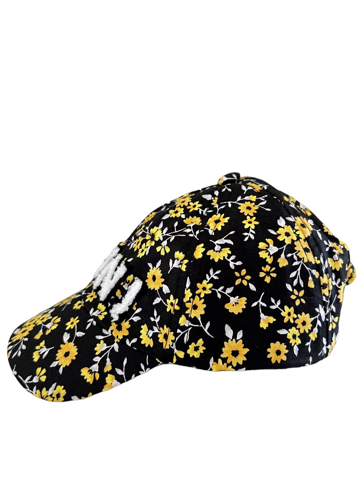 Black floral cap with yellow flowers, featuring a curved brim and embroidered design.