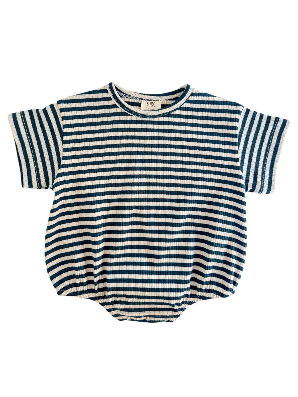 Blue and white striped baby shirt with short sleeves and gathered bottom.