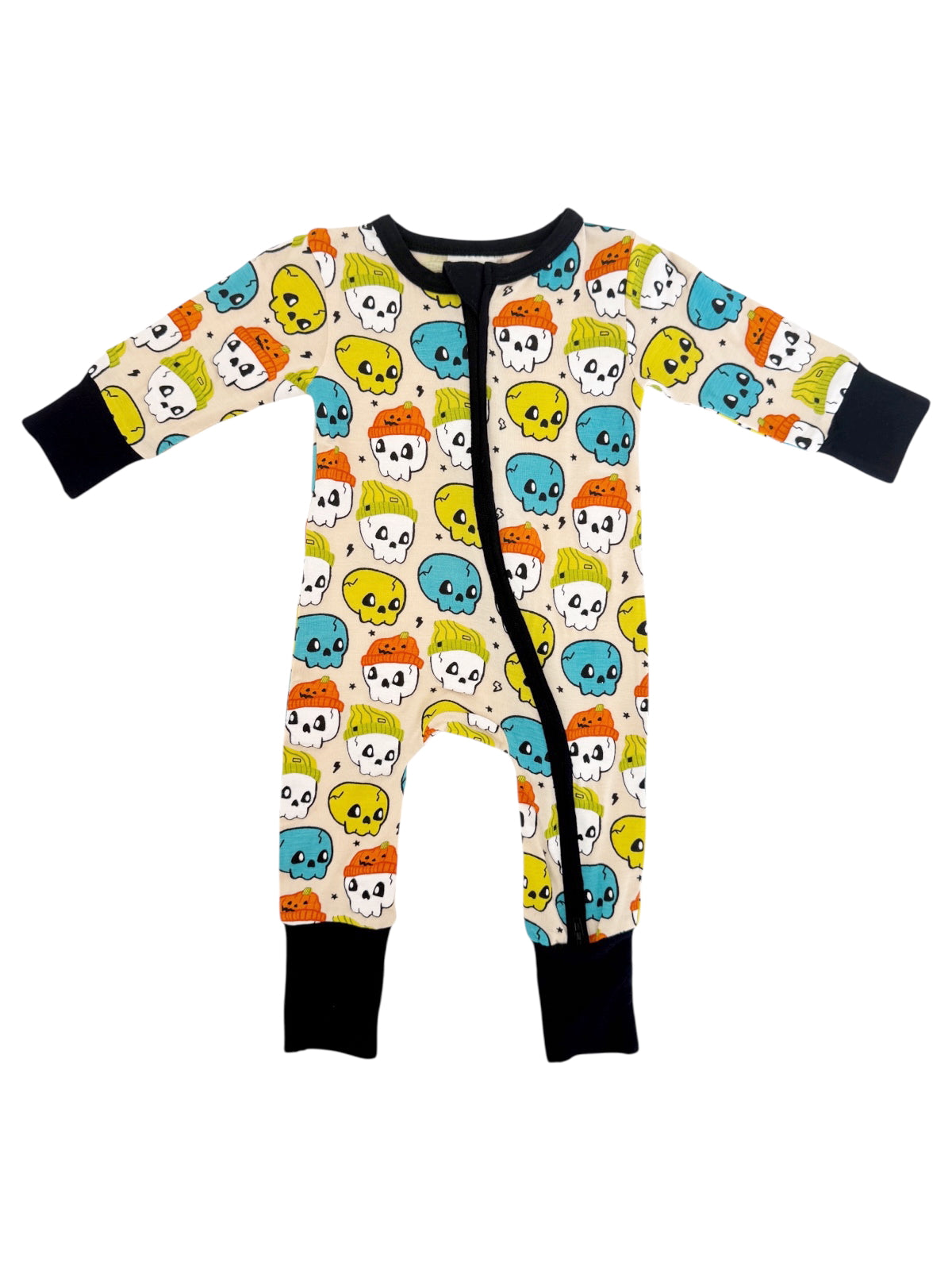 Youth onesie with colorful skull pattern in shades of blue, orange, yellow, and green on a cream background.