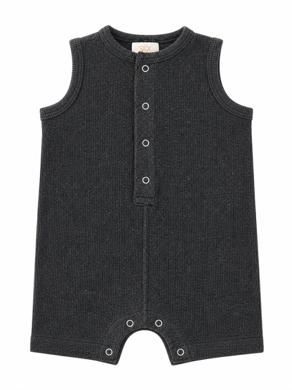 Gray sleeveless baby romper with button closure and small leg openings. Ideal for comfort and play.