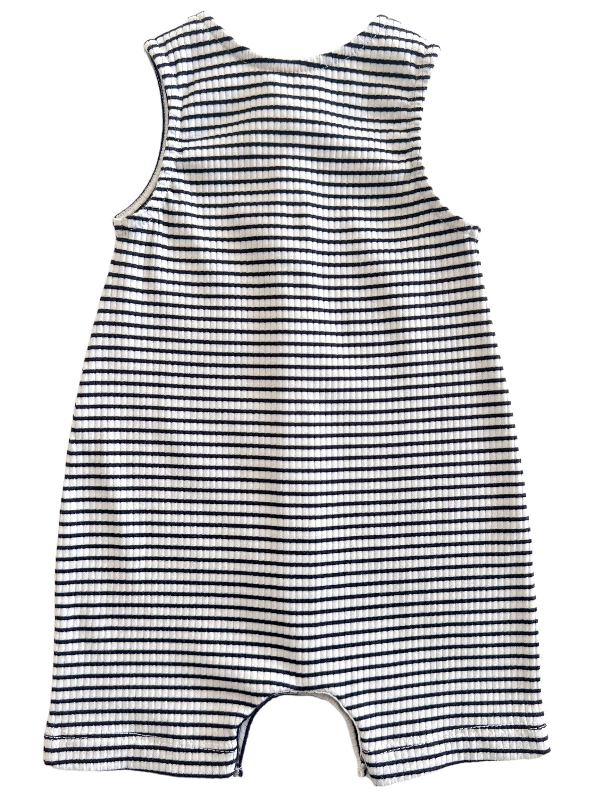 Back view of a striped sleeveless baby romper in navy and white. Soft fabric with snap closure at the bottom.
