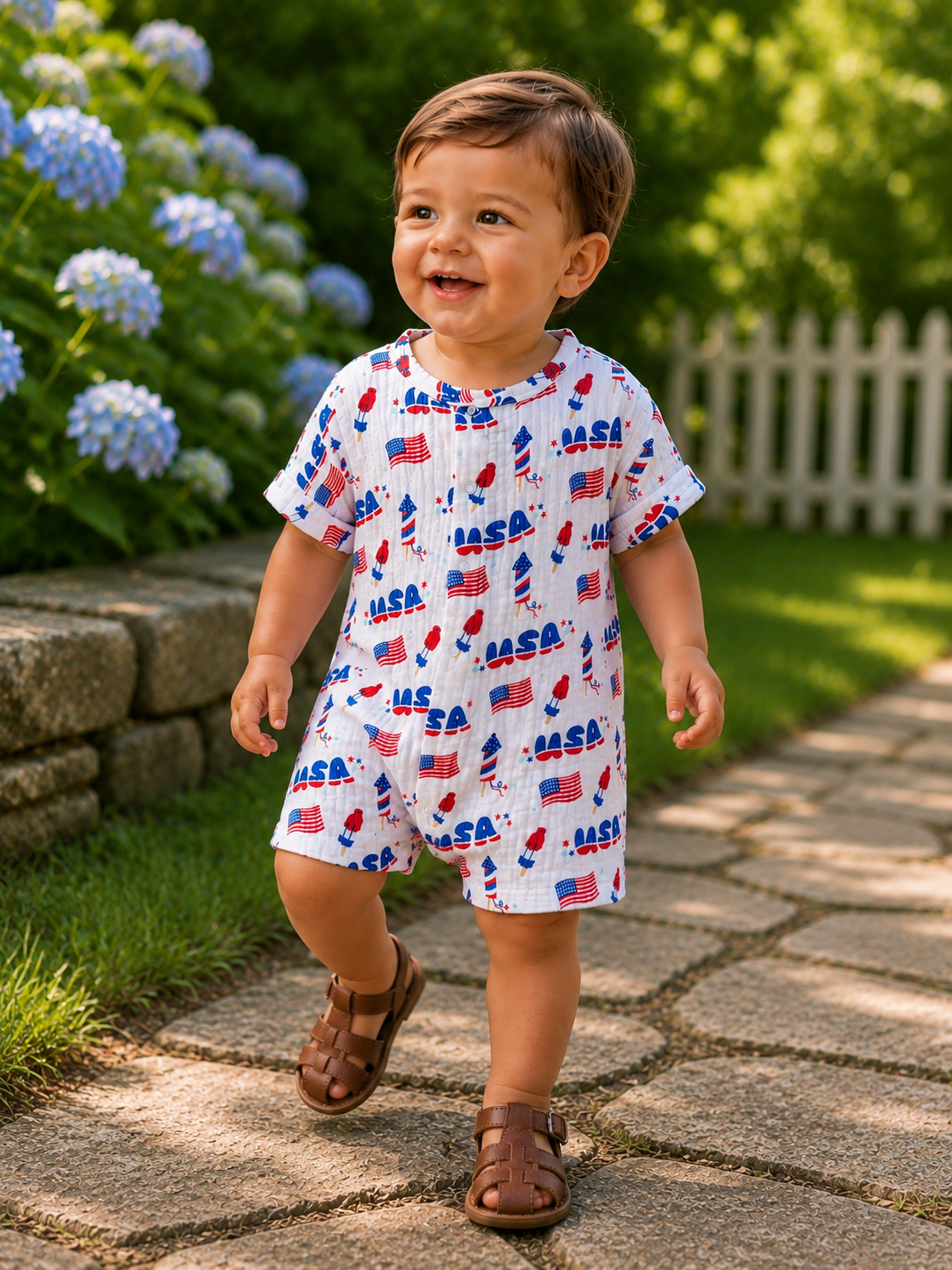 Smiling toddler in a NASA-themed outfit walking on a stone pathway, surrounded by blue flowers and greenery.
