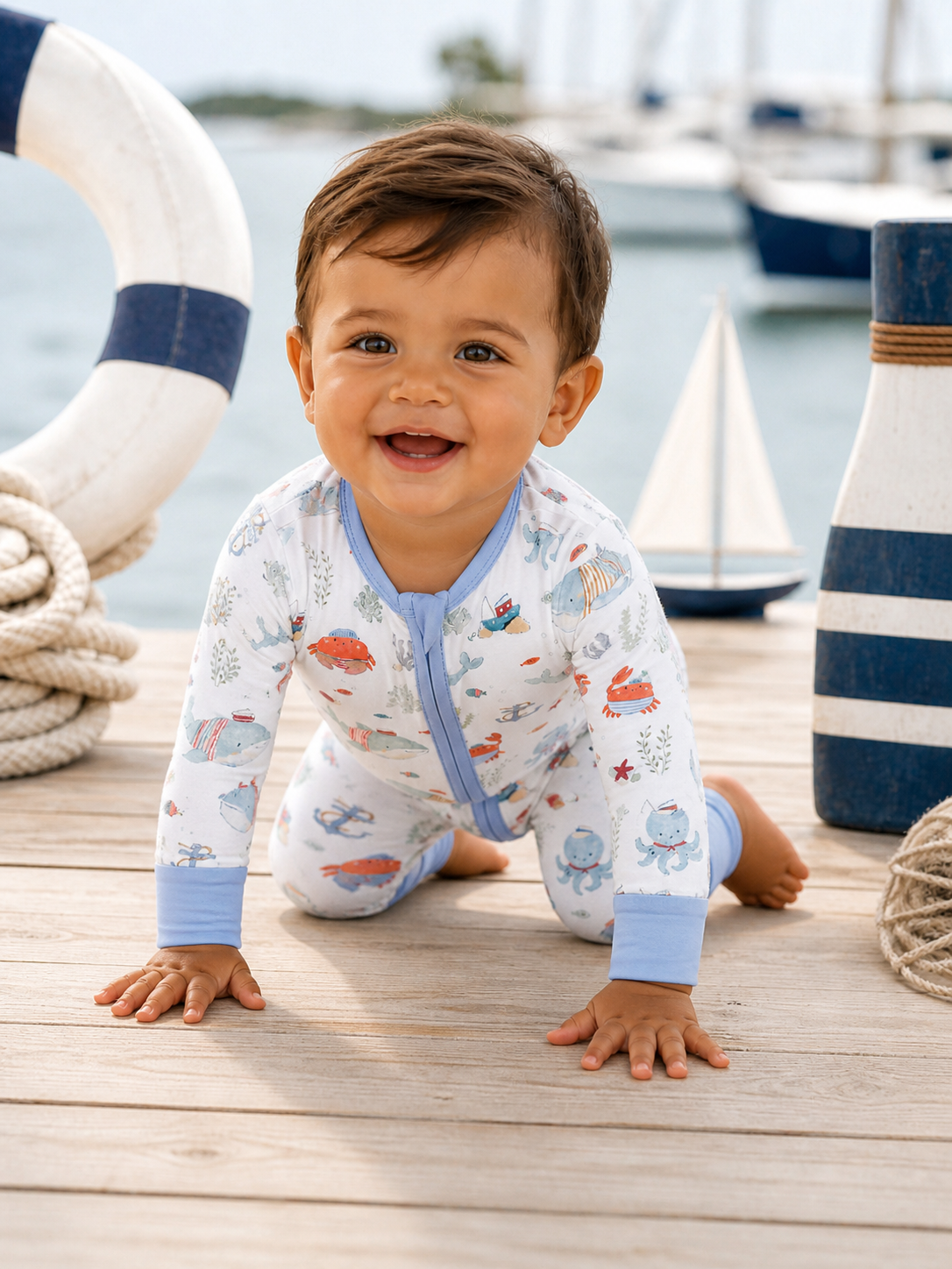 A smiling toddler in a nautical-themed onesie crawls on a wooden deck by a harbor.