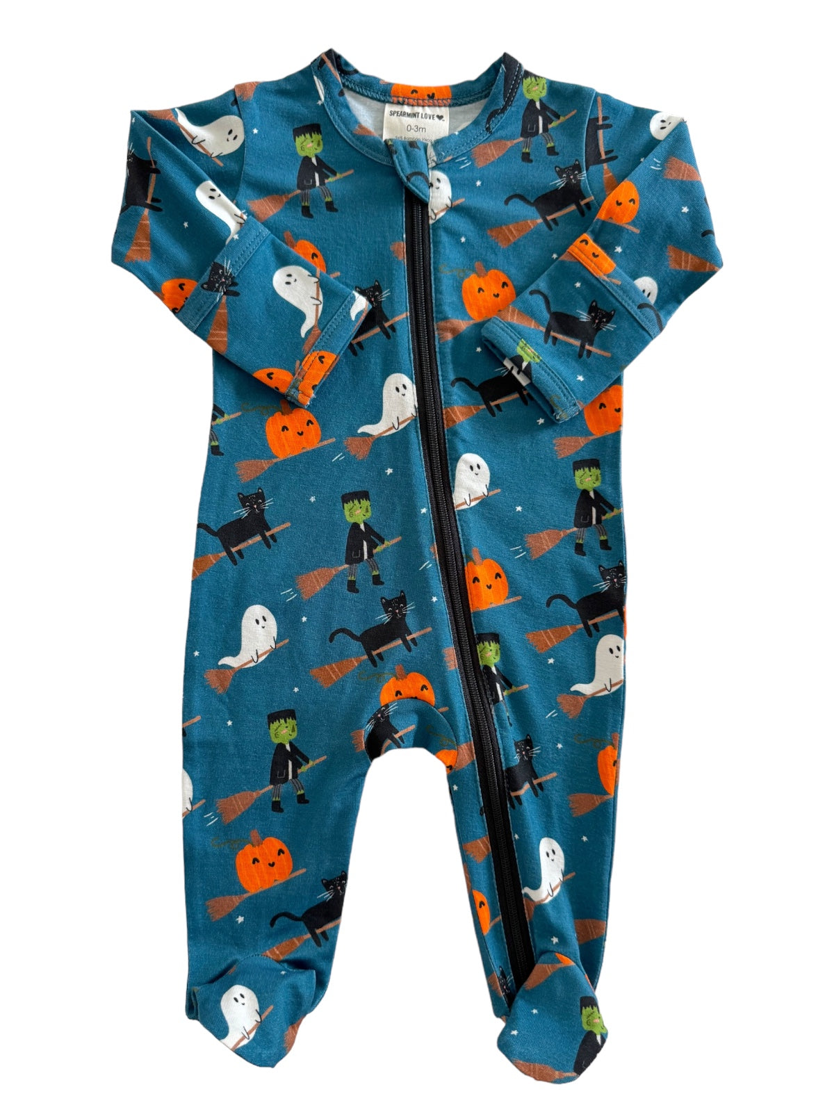 Halloween-themed baby onesie with ghosts, pumpkins, and monsters in vibrant colors. Ideal for festive occasions.