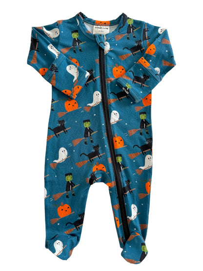 Halloween-themed baby onesie with ghosts, pumpkins, and monsters in vibrant colors. Ideal for festive occasions.