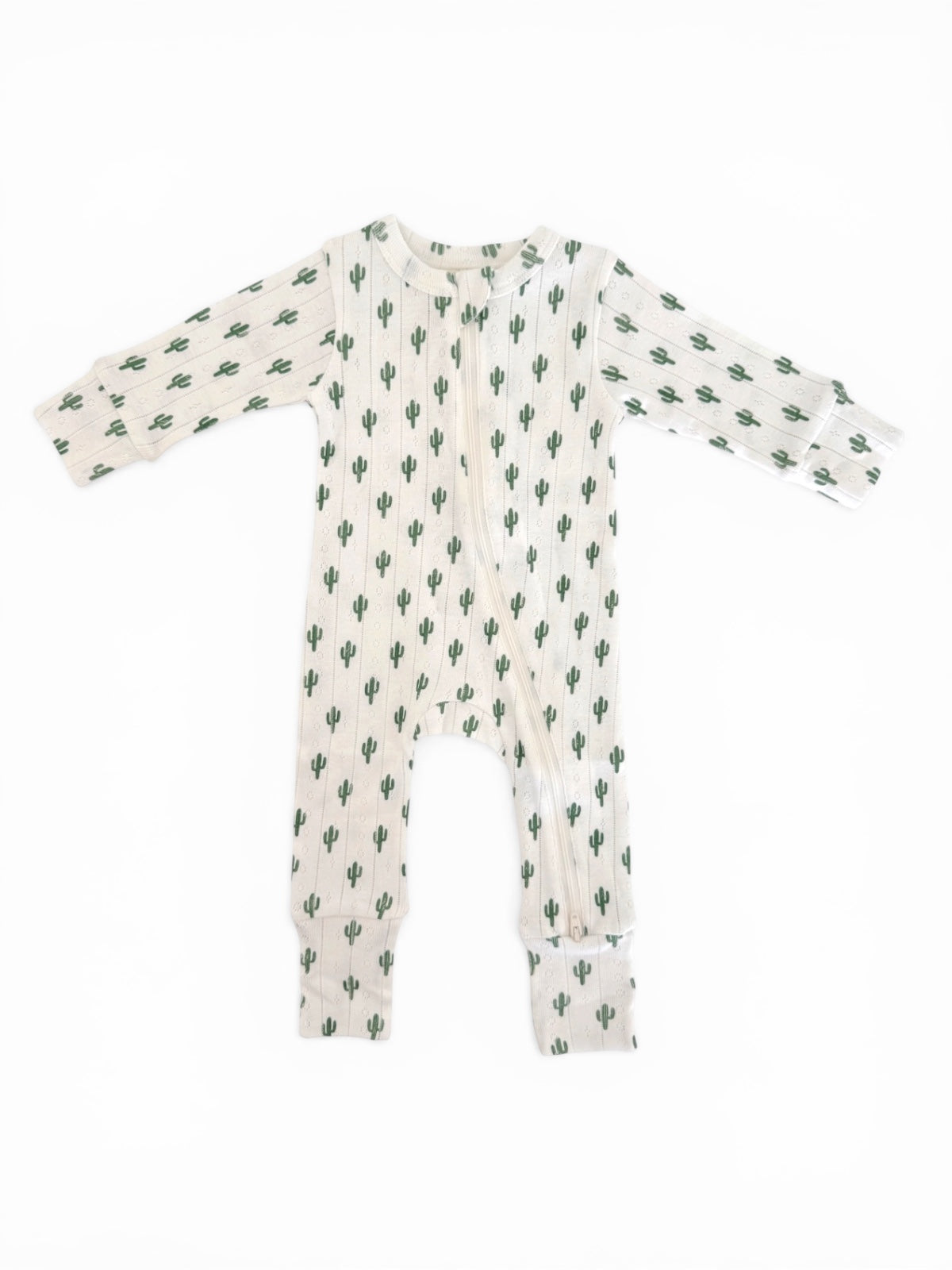 Baby onesie with cactus print, long sleeves, and a front zipper on a white background.