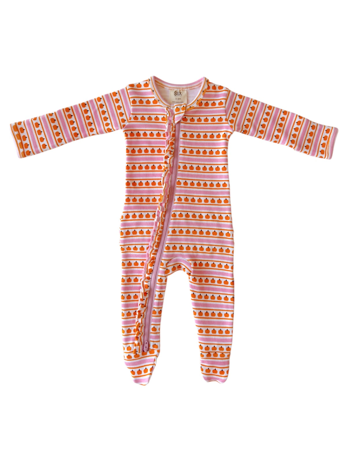 Colorful baby onesie with pumpkin and striped pattern, featuring long sleeves and a front zipper.
