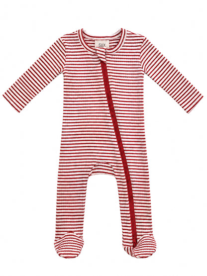 Red and white striped baby onesie with long sleeves and footed bottoms, featuring a front zipper.