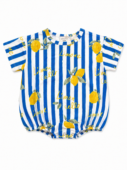 Blue and white striped baby romper with lemon print and "Limoncello" text. Perfect for summer outfits.