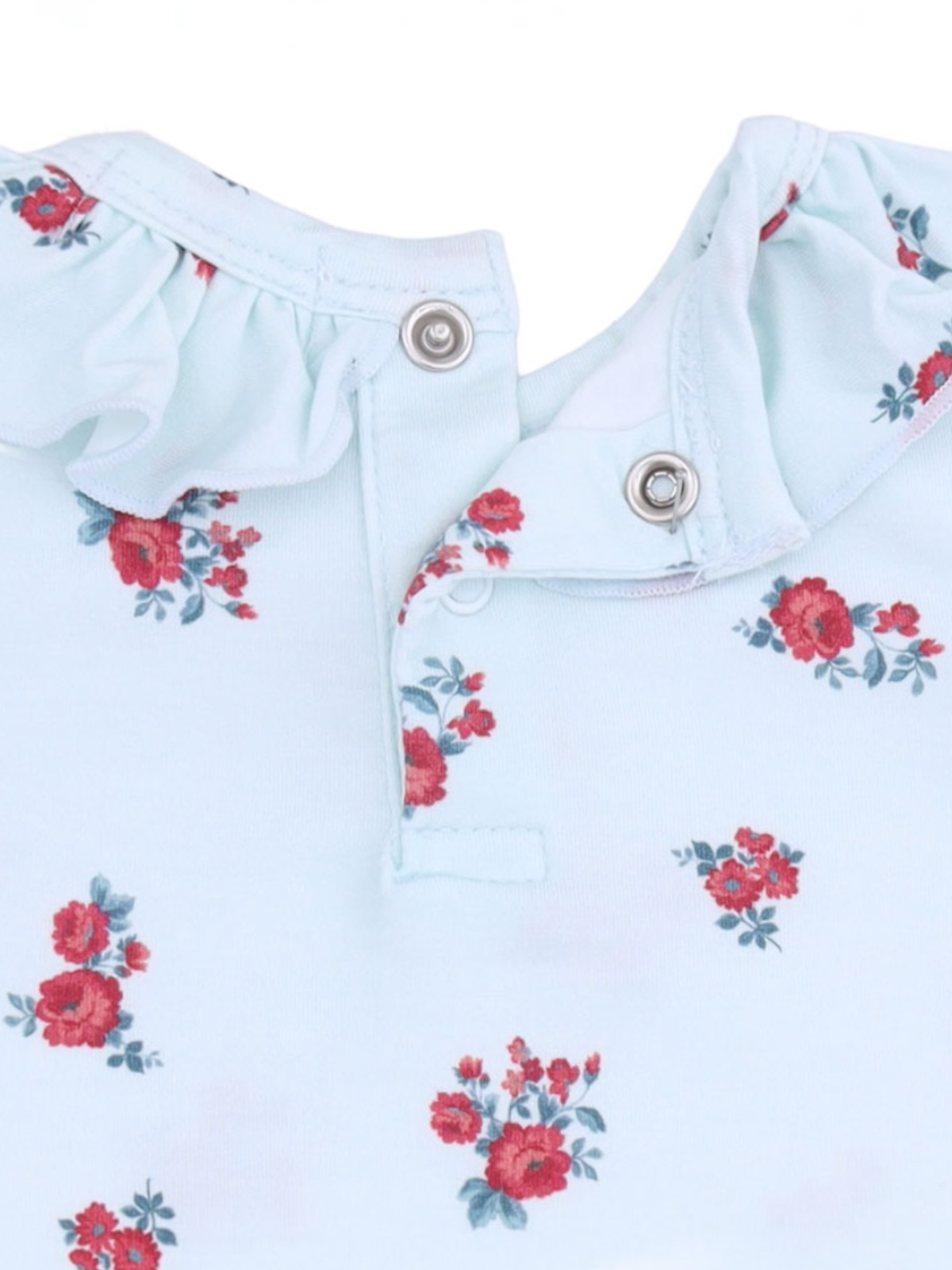 Light blue floral onesie with ruffled collar and snap closure at the neck, featuring red and green flower patterns.