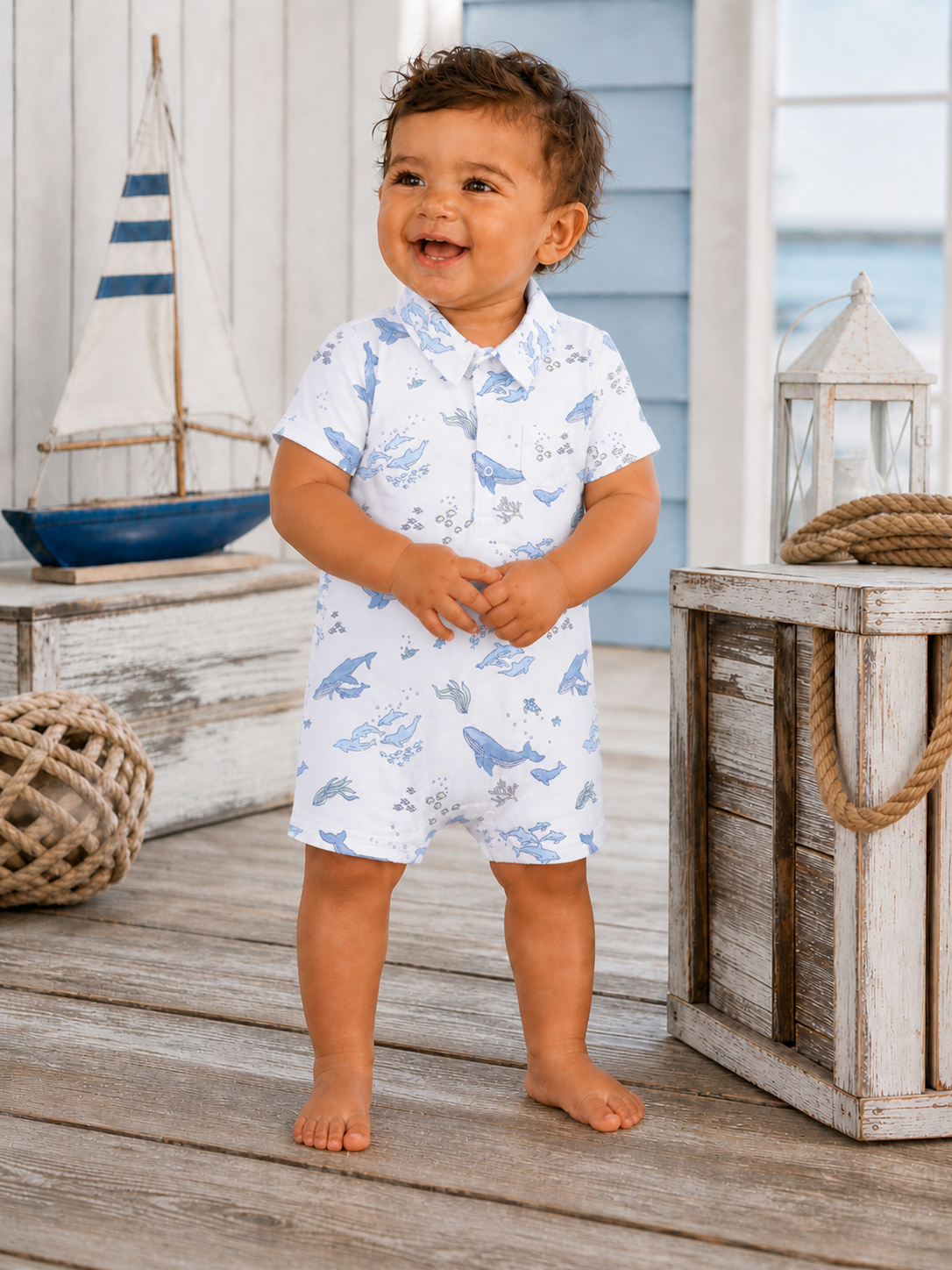 Smiling toddler in a whale-printed outfit, standing on wooden planks with nautical decor in the background.