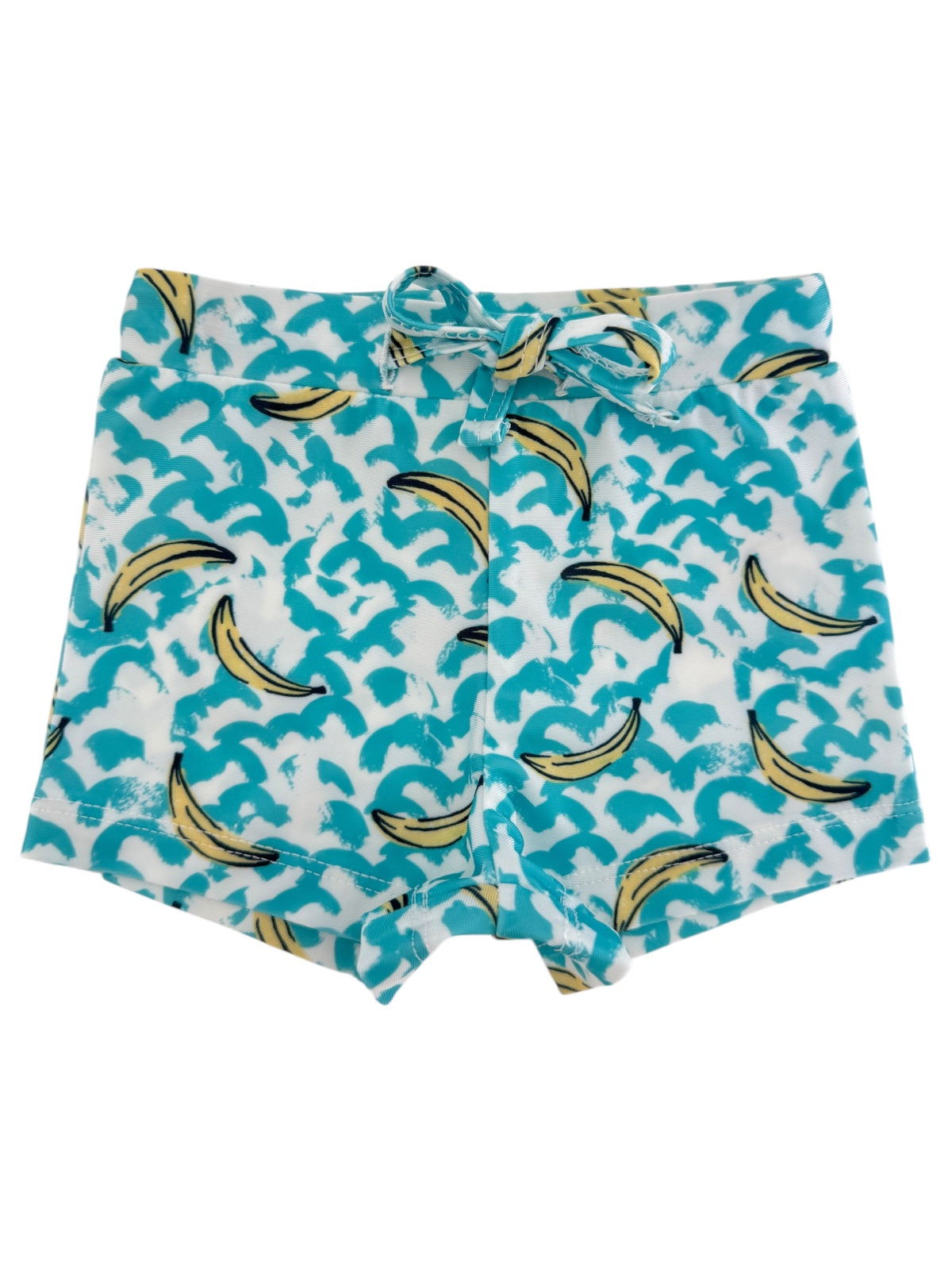 Blue swim shorts with banana print and a tie front, perfect for summer fun.