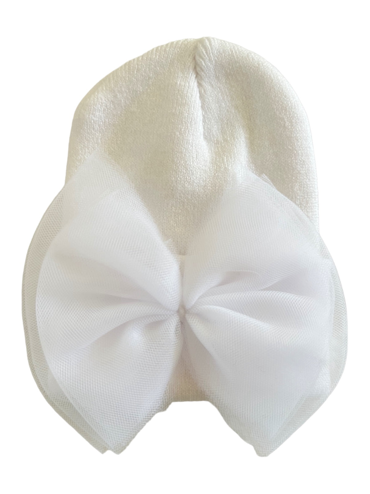 White knit beanie with a large, soft white tulle bow at the front. Perfect for infants and toddlers.