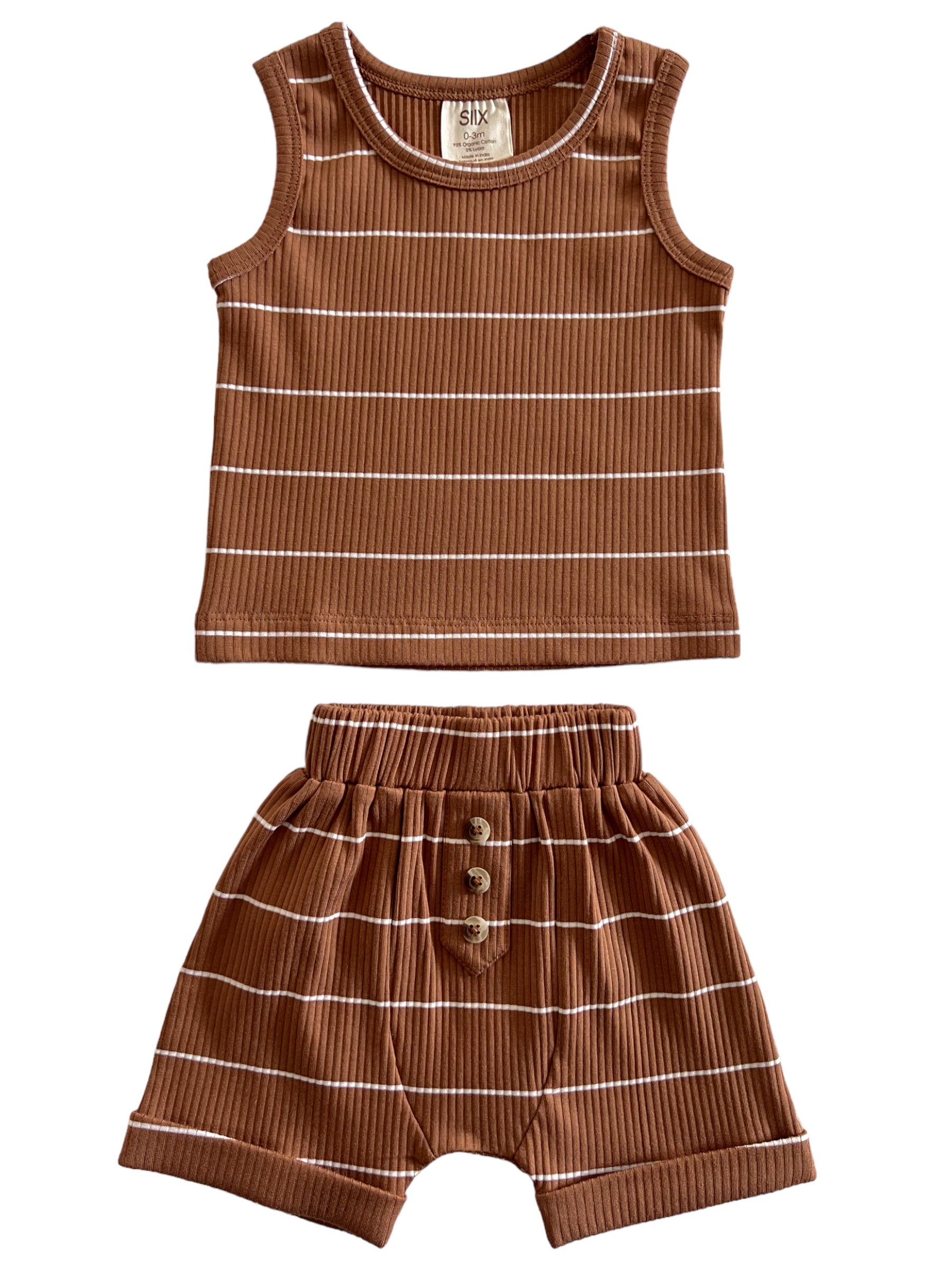 Brown striped toddler tank top and shorts set on a white background. Soft ribbed fabric with button detail.