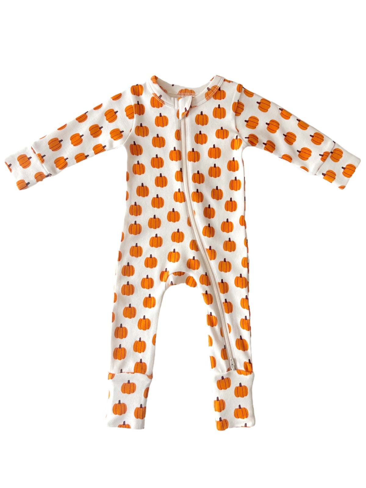 Orange pumpkin print infant onesie with a front zipper on a white background. Perfect for autumn outfits.