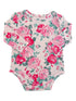 Floral baby bodysuit with long sleeves, featuring pink roses and green leaves on a light background.