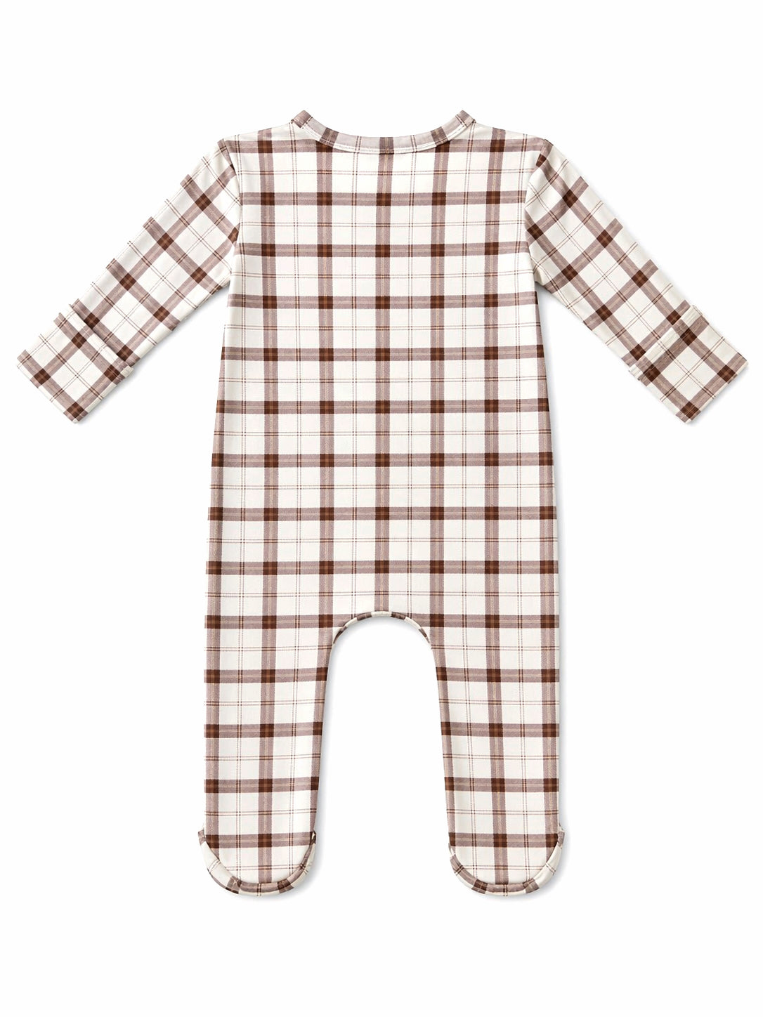 Brown and white plaid baby onesie with long sleeves and footed design, viewed from the back.