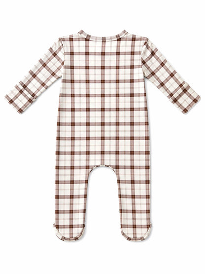 Brown and white plaid baby onesie with long sleeves and footed design, viewed from the back.