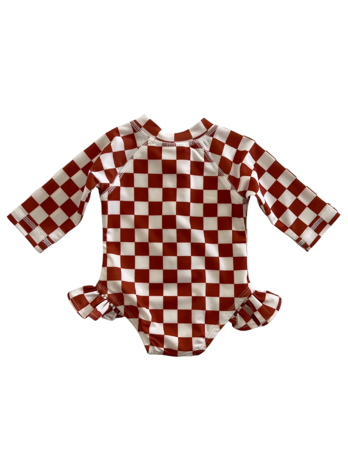 Red and white checked long-sleeve baby swimsuit with ruffled details on the sides.