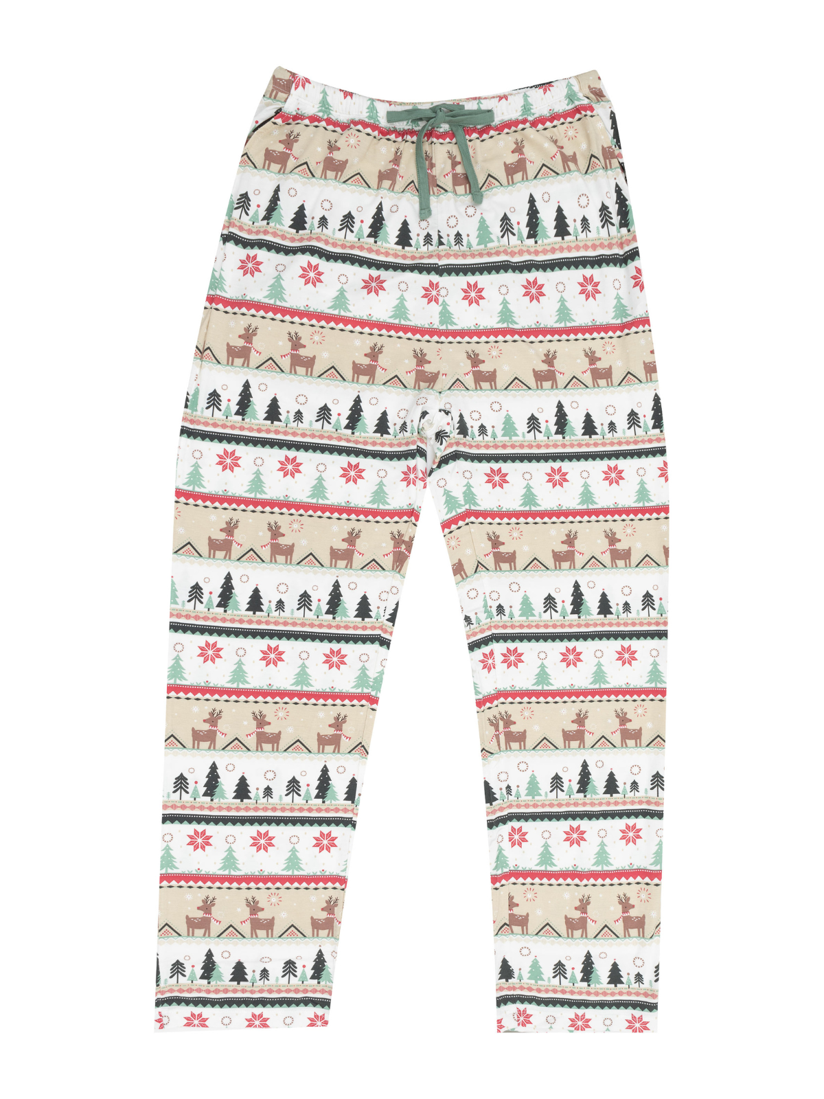 Festive patterned pants featuring reindeer, trees, and flowers in holiday colors. Perfect for seasonal wear.
