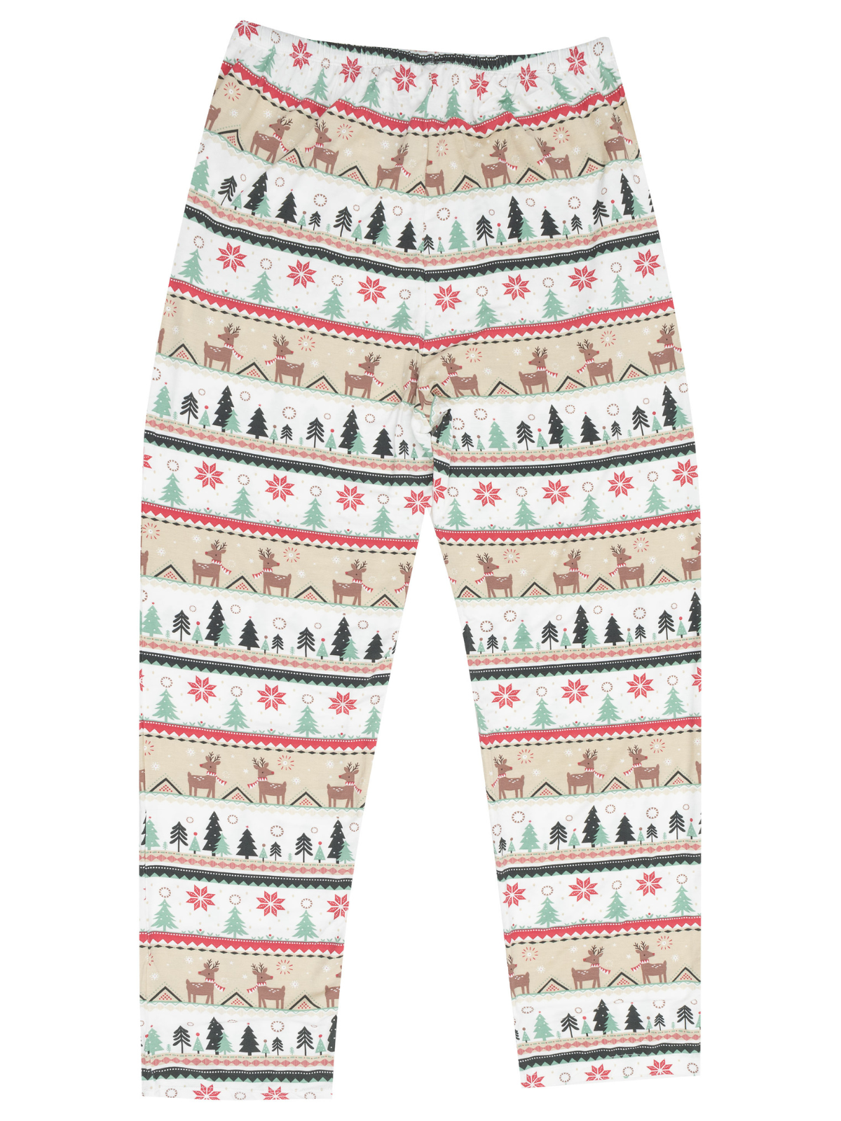 Patterned leggings featuring festive designs of trees, reindeer, and snowflakes in seasonal colors.