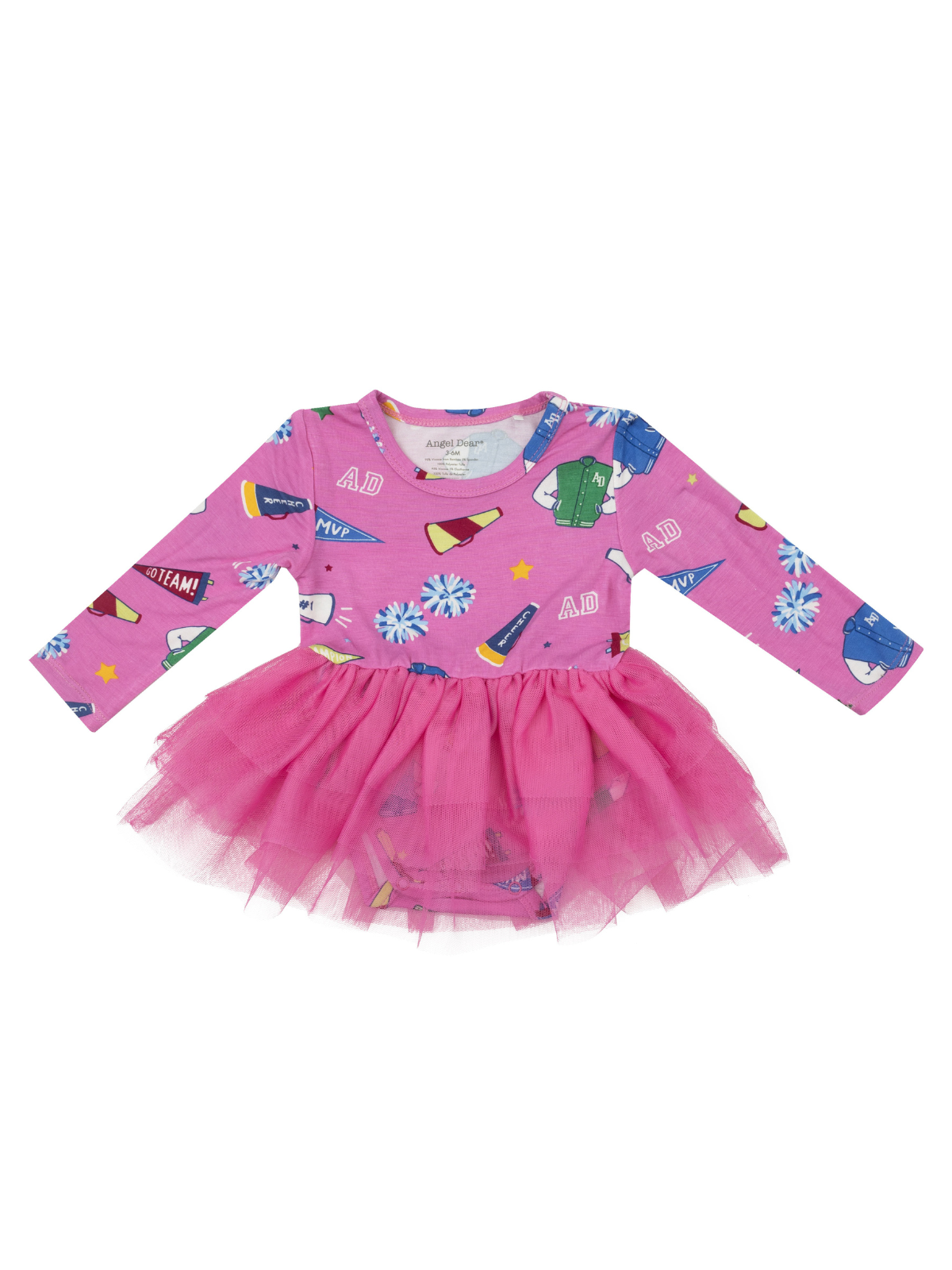 Pink long-sleeve dress with a tulle skirt, featuring colorful school-themed prints. Ideal for children’s casual wear.