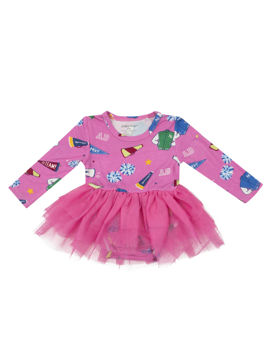 Pink long-sleeve dress with a tulle skirt, featuring colorful school-themed prints. Ideal for children’s casual wear.
