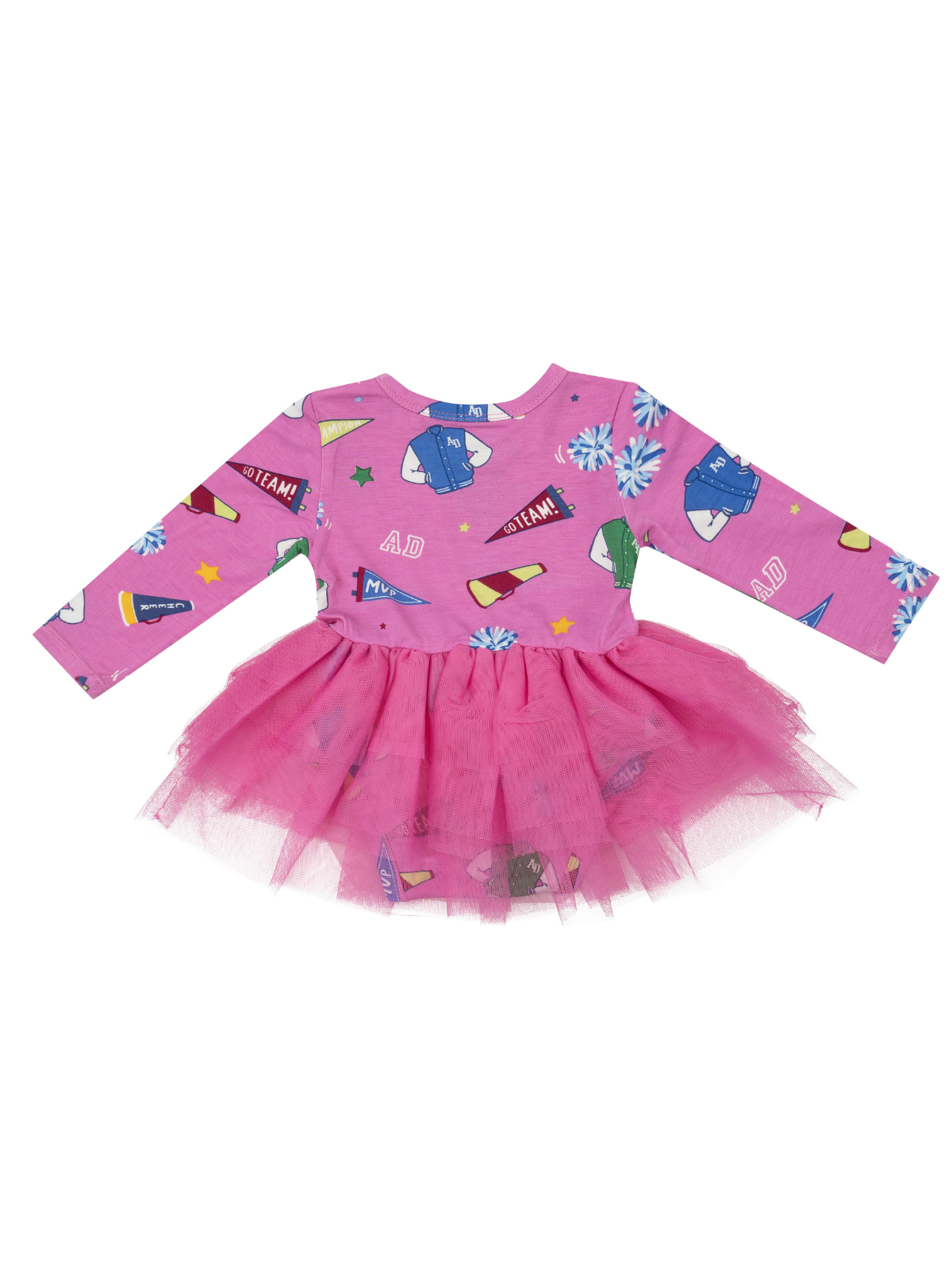 Pink long-sleeve dress with colorful patterns and a tulle skirt, ideal for children’s casual or festive occasions.