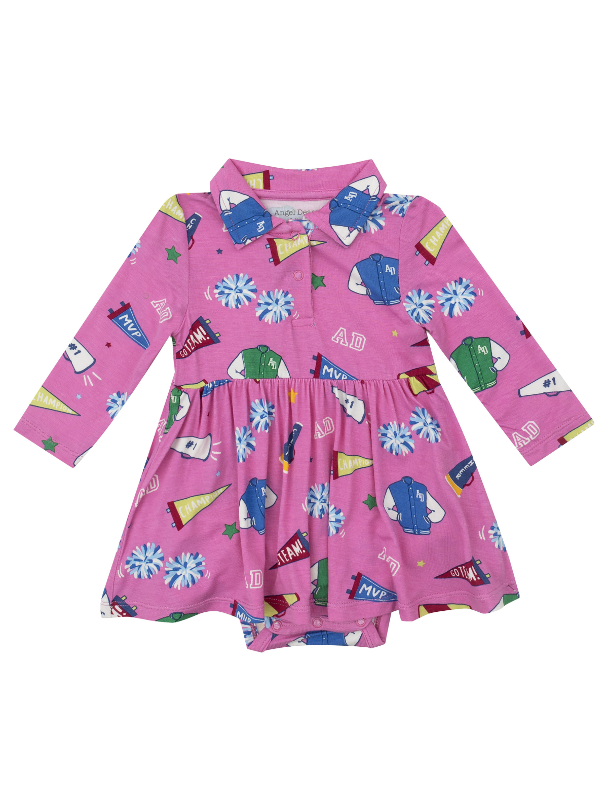 Pink dress with long sleeves featuring sports-themed prints including jackets and cheerleading motifs.