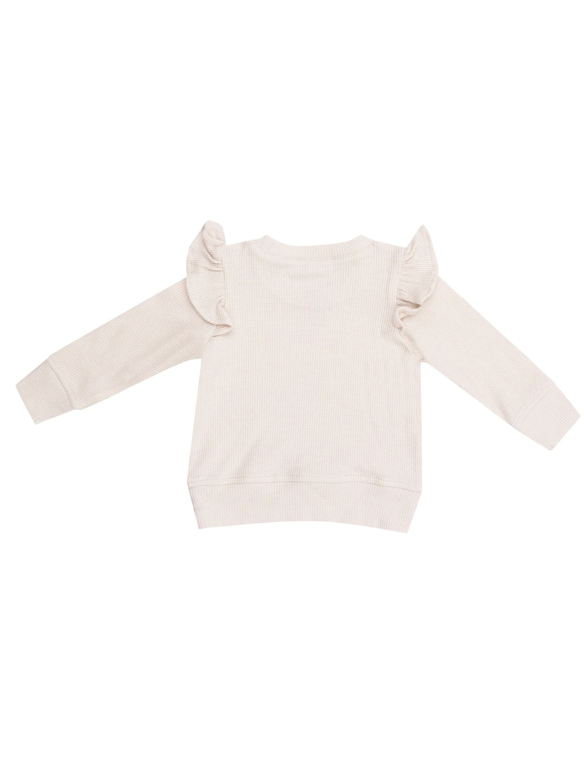 Light beige long sleeve sweater with ruffle details on shoulders. Plain back view.