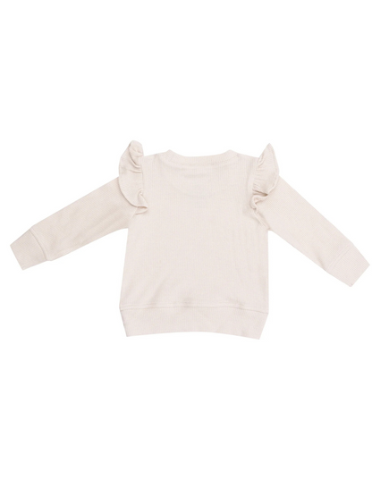 Light beige long sleeve sweater with ruffle details on shoulders. Plain back view.