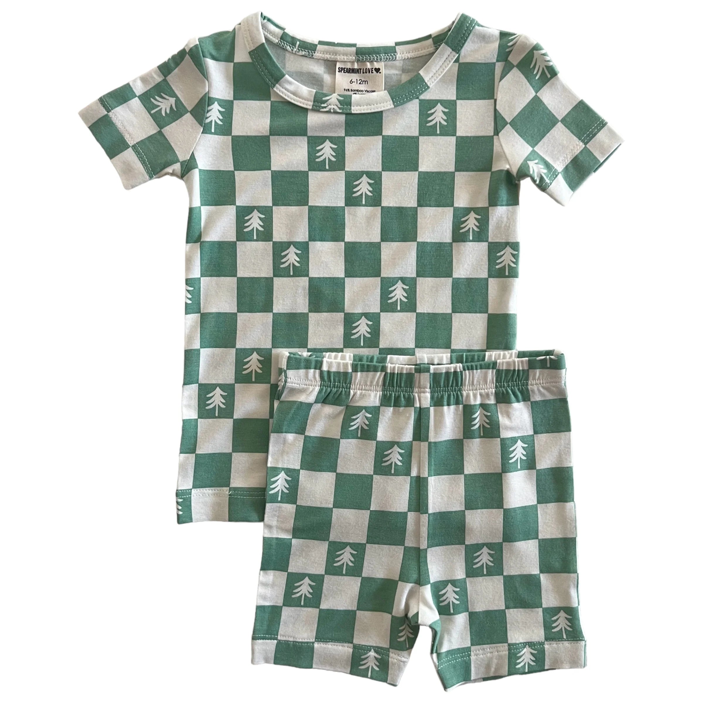 Green and white checkered children's pajamas with tree patterns. Top and shorts set for 6-12 months.
