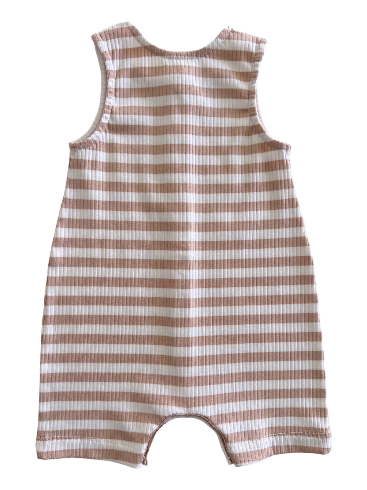 Back view of a striped infant romper in peach and white colors. Soft fabric with sleeveless design.