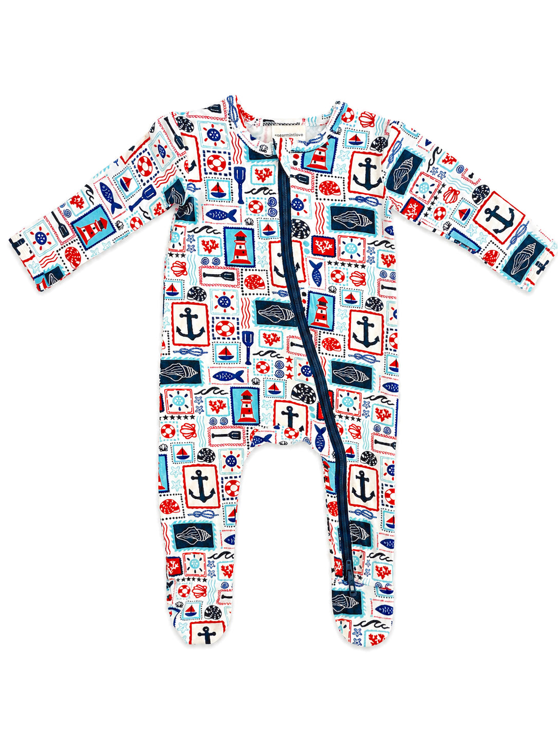 Baby zip-up romper featuring nautical patterns like anchors, lighthouses, and sea creatures in vibrant colors.