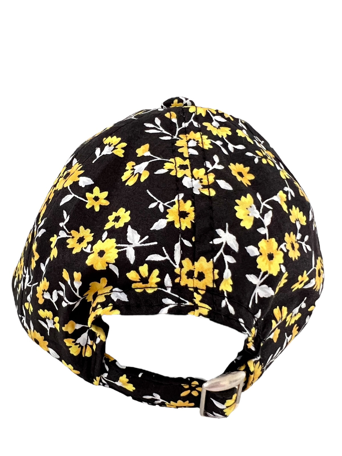 Black floral cap with yellow and white flowers, showing the back view and adjustable strap.