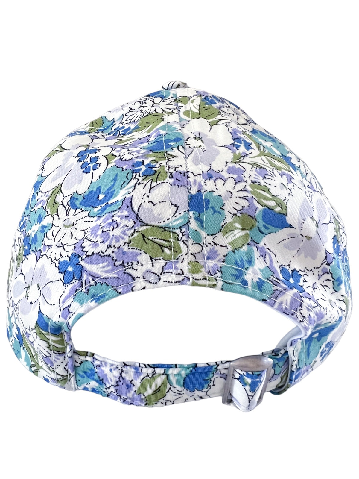 Floral-patterned cap viewed from the back, showcasing blue and green hues with an adjustable strap.