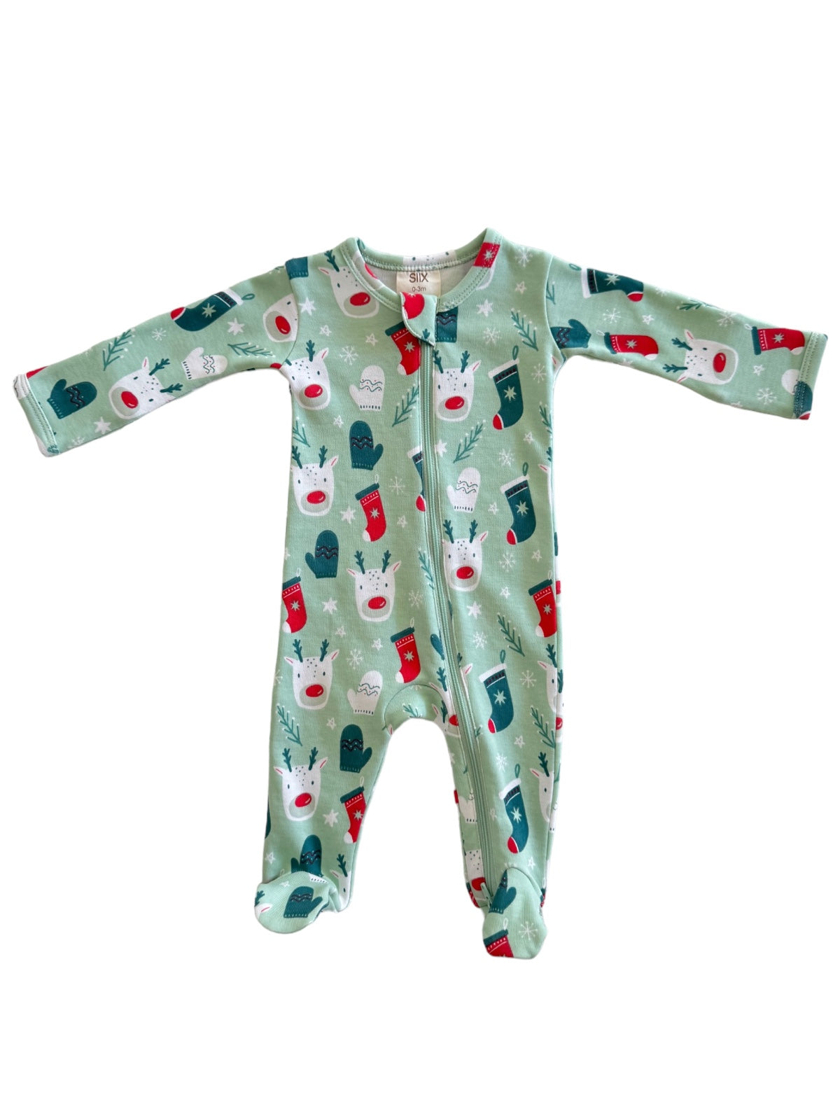 Green baby onesie featuring festive reindeer and holiday stockings pattern. Long sleeves and front zipper closure.