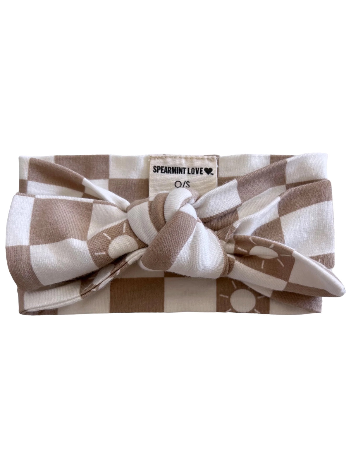 Brown and white checkered headband with a knotted design, labeled "Spearmint Love."