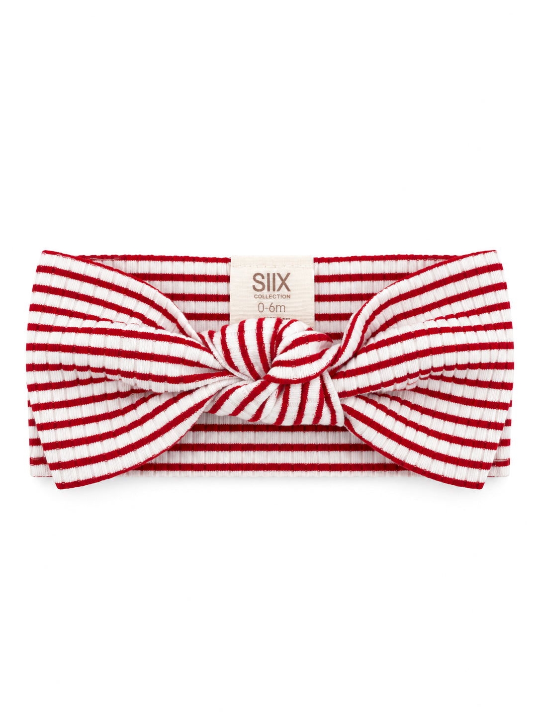Red and white striped baby headband with a large bow, suitable for infants 0-6 months.