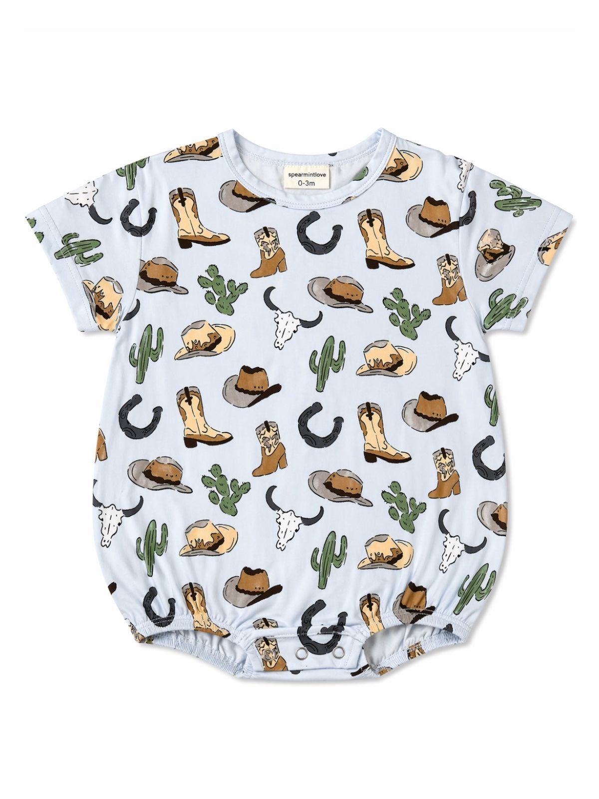 Light blue baby romper with cowboy boots, hats, cacti, and cattle motifs throughout the fabric.