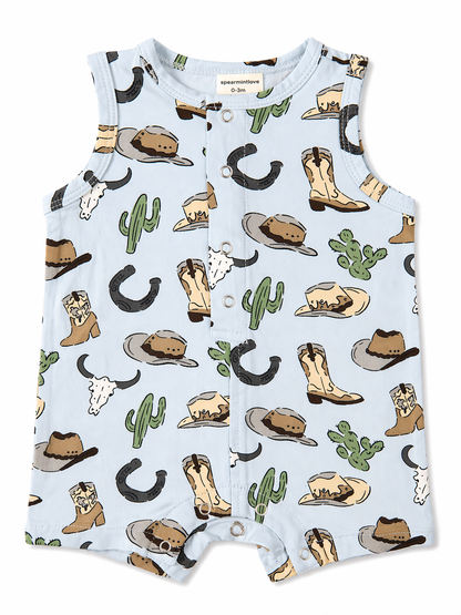 Light blue baby romper with cowboy-themed prints, including boots, hats, cacti, and stars. Perfect for infants.