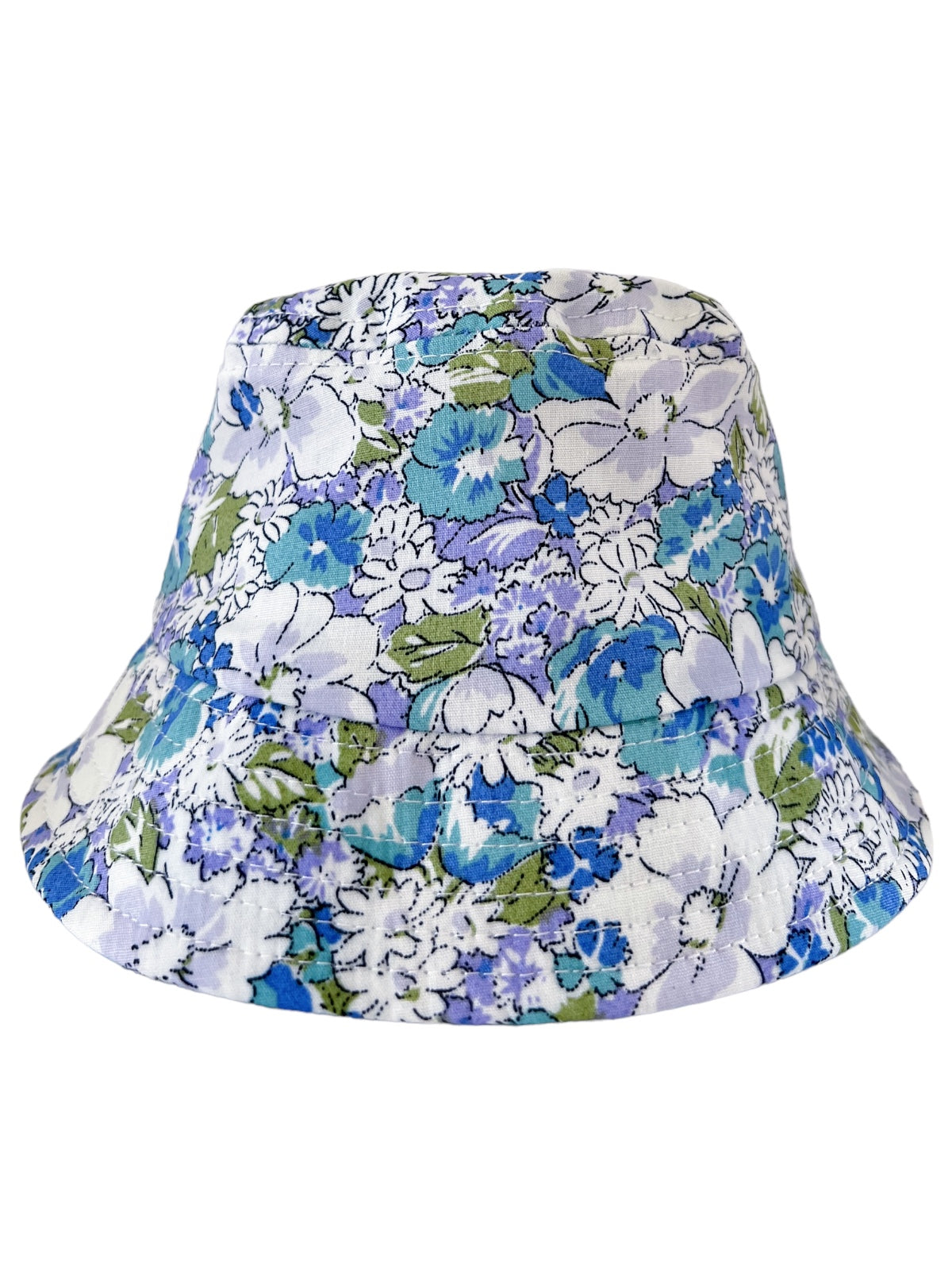 Floral-patterned bucket hat featuring blue, green, and white flowers on a light background.