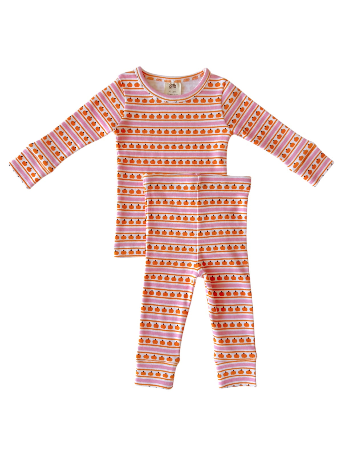 Children's pajama set featuring long-sleeve top and leggings with a pumpkin pattern on a pink striped background.