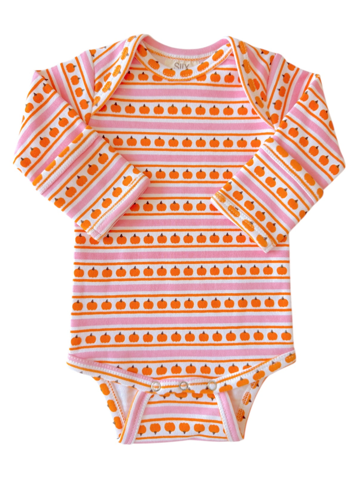 Long-sleeve baby onesie with orange pumpkin and striped pattern in pink and white. Perfect for autumn.