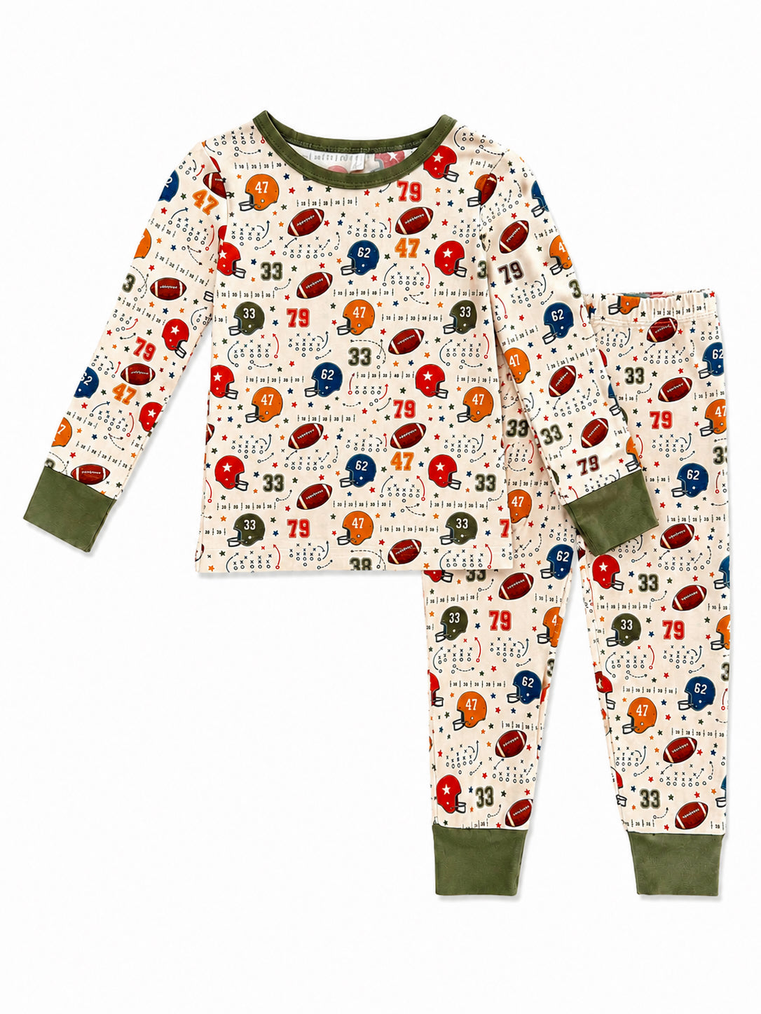 Football-themed pajama set featuring colorful helmets and numbers on a cream background. Cozy and playful design.